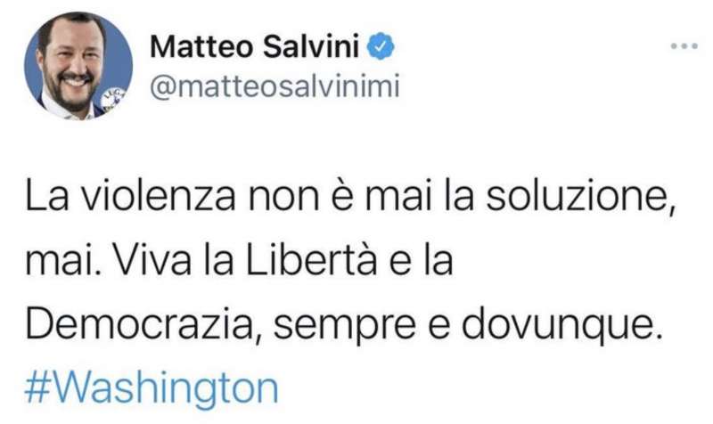 IL TWEET DI MATTEO SALVINI SULL IRRUZIONE DEI SUPPORTER DI TRUMP AL CONGRESSO USA