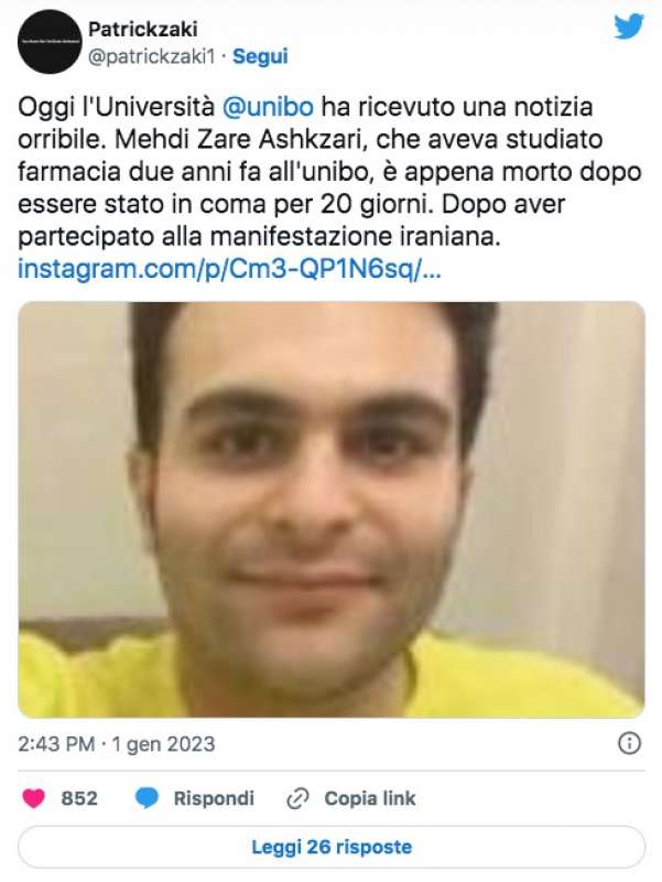 post di patrick zaki per la morte di Mehdi Zare Ashkzari