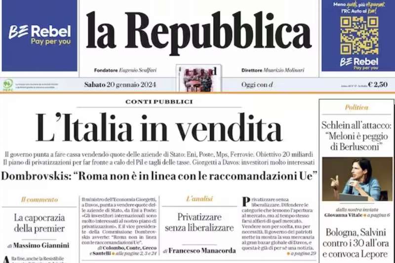 L ITALIA IN VENDITA - PRIMA PAGINA REPUBBLICA 20 GENNAIO 2024