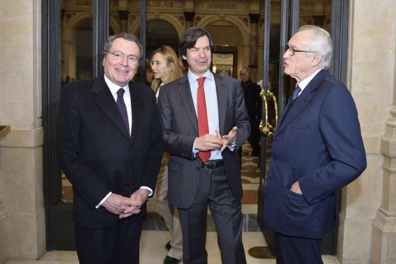 Gian Maria Gros-Pietro, presidente di Intesa Sanpaolo, Carlo Messina, ad, e Giovanni Bazoli, presidente onorario