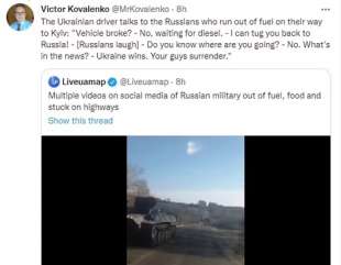carro armato russo rimasto senza benzina in autostrada in ucraina 2