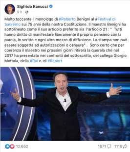 post di Sigfrido Ranucci su Benigni a Sanremo