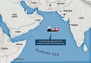 il punto del mar arabico dove e' stata colpita la nave israeliana