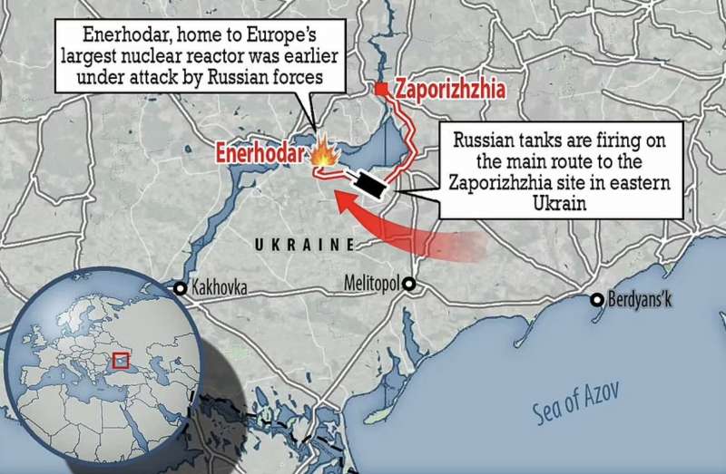 mappa attacco russo alla centrale nucleare di zaporizhzhia 3