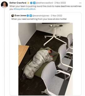 esther crawford dorme negli uffici di twitter