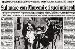 La pagina del Corriere della Sera con il colloquio tra Vittorio Feltri e la vedova di Guglielmo Marconi, Maria Cristina Bezzi-Scali