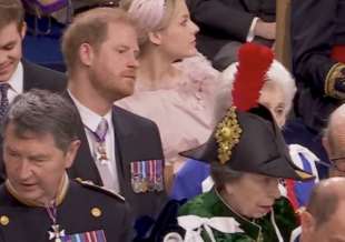 La piuma del cappello di Anna davanti al viso di Harry a Westminster