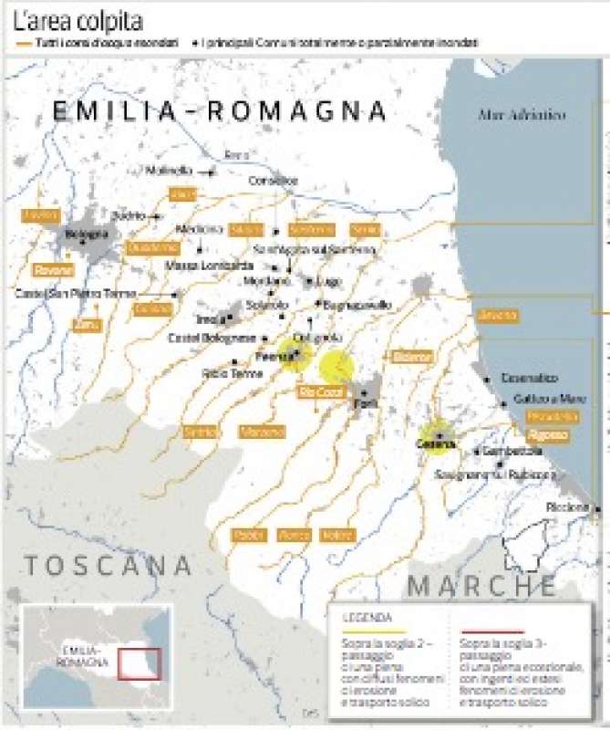 mappa delle aree colpite dal maltempo in emilia romagna