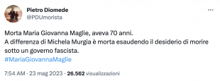 TWEET DI PIETRO DIOMEDE SU MARIA GIOVANNA MAGLIE