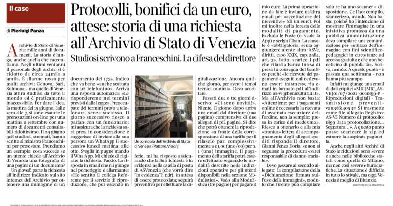 articolo di panza sull archivio di stato di venezia