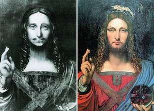 Salvator Mundi attribuito a Leonardo prima del restauro e, a destra