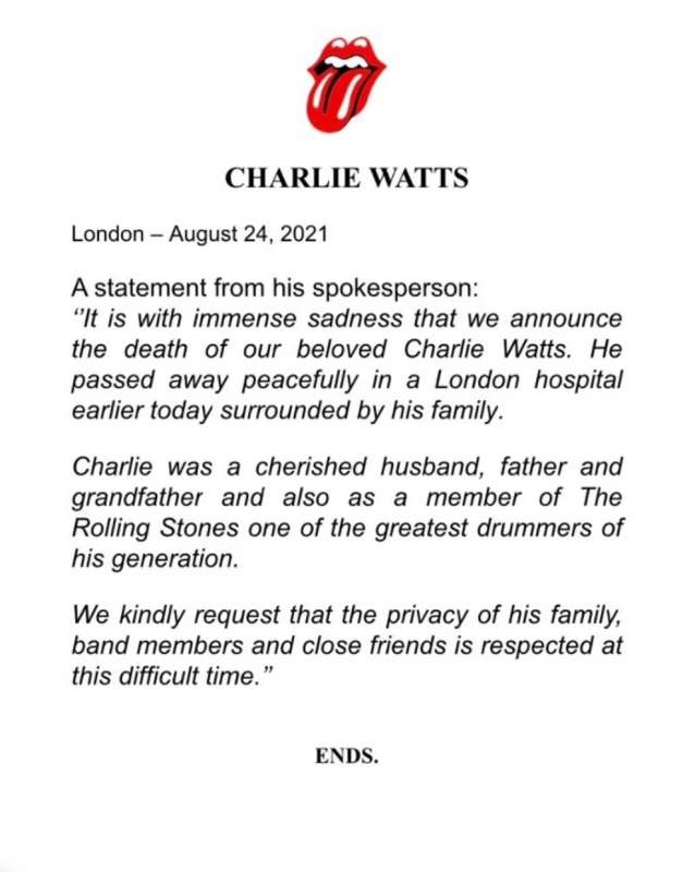 il comunicato ufficiale della morte di charlie watts