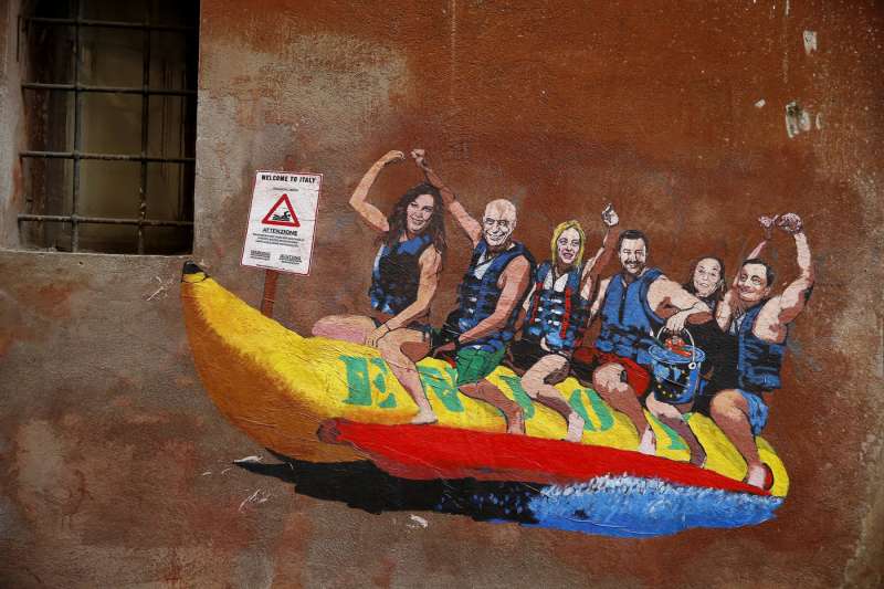 Un dipinto di Harry Greb con i politici a bordo di un gommone
