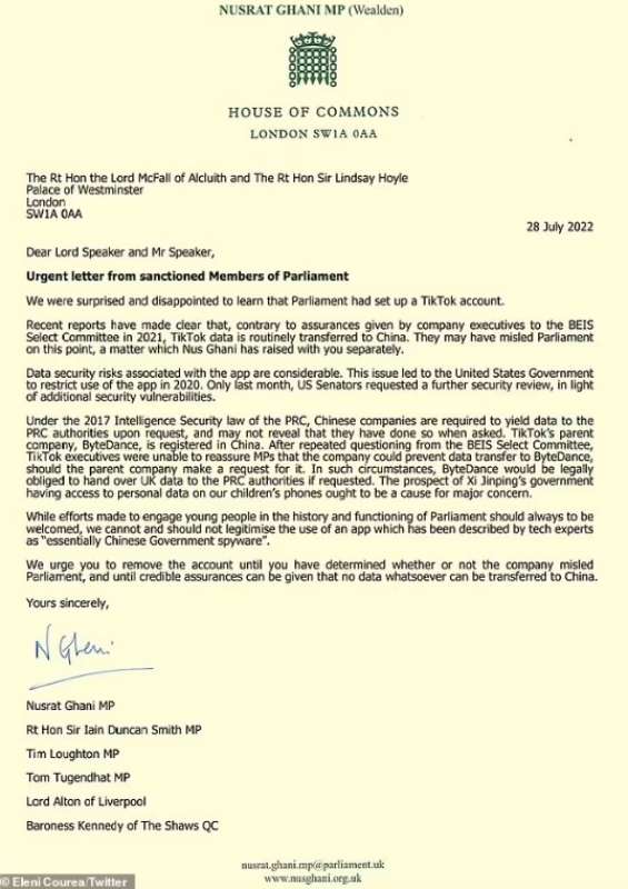 la lettera dei deputati inglesi che si lamentano dell account tiktok del parlamento britannico
