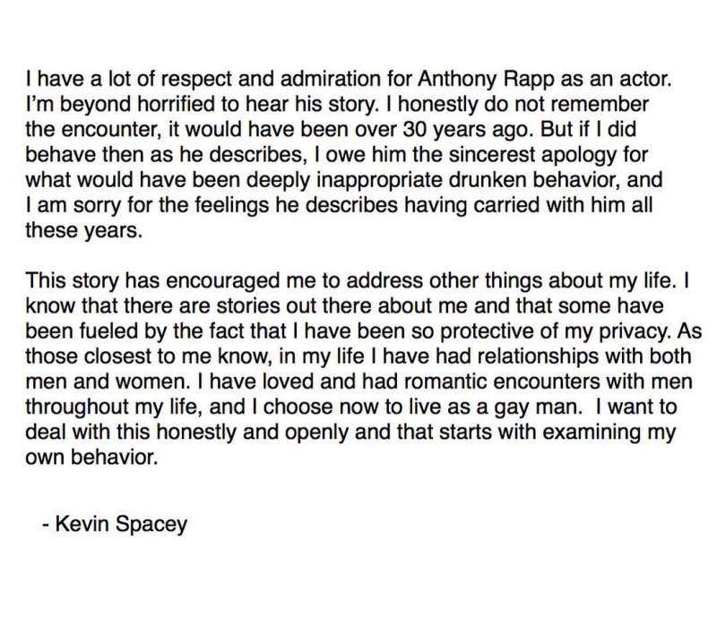 KEVIN SPACEY SI DIFENDE DALLE ACCUSE SU INSTAGRAM DI ANTHONY RAPP