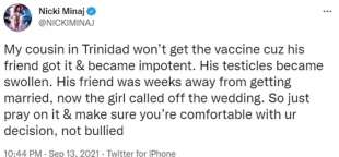 il tweet di nicki minaj sulle palle dell'amico del cugino dopo il vaccino
