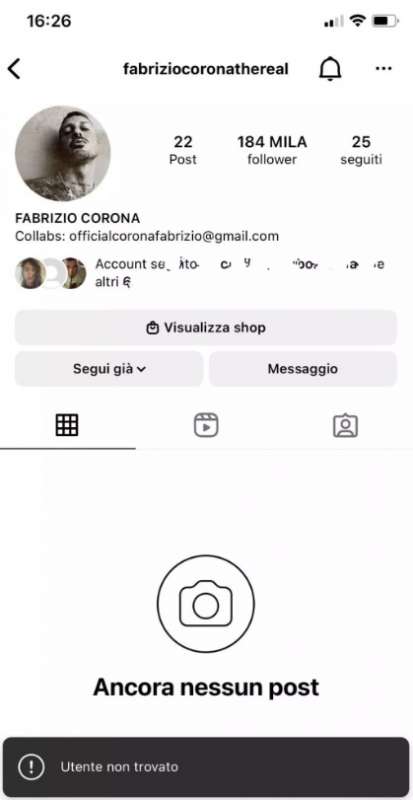 account fabrizio corona sospeso su instagram