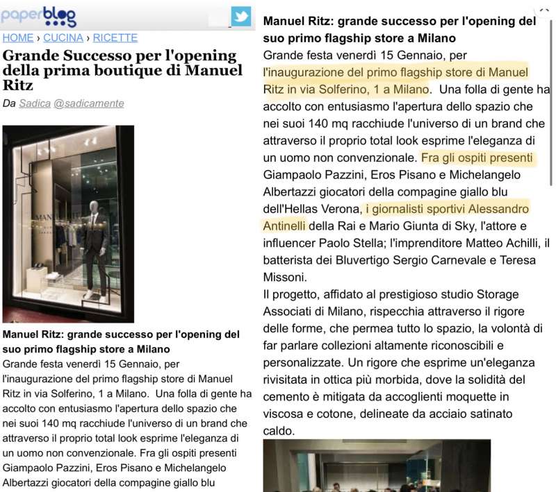 articolo di paperblog sull apertura dello store manuel ritz a milano