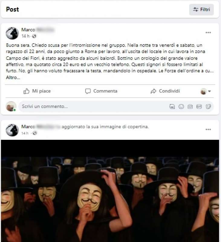 Profilo facebook vendetta rapina Campo de Fiori