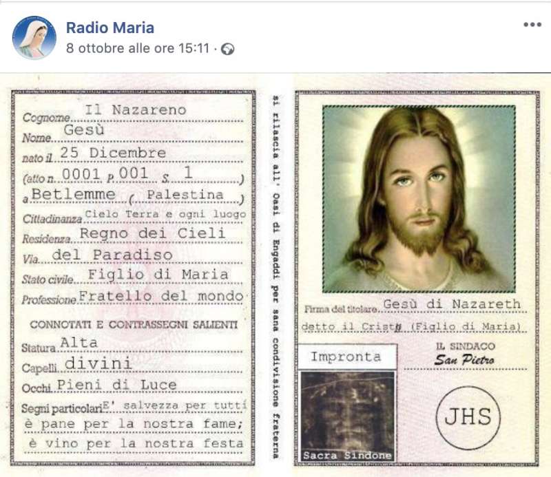 LA CARTA D'IDENTITA' DI GESU' PUBBLICATA DA RADIO MARIA