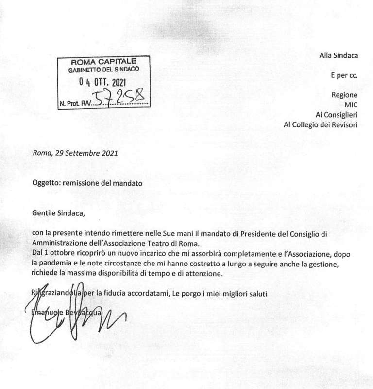 documento del comune sulle dimissioni del presidente del cda del teatro di roma emanuele bevilacqua 1
