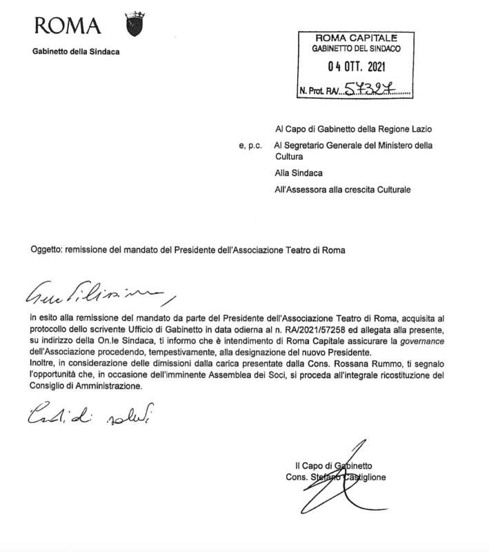 documento del comune sulle dimissioni del presidente del cda del teatro di roma emanuele bevilacqua 2