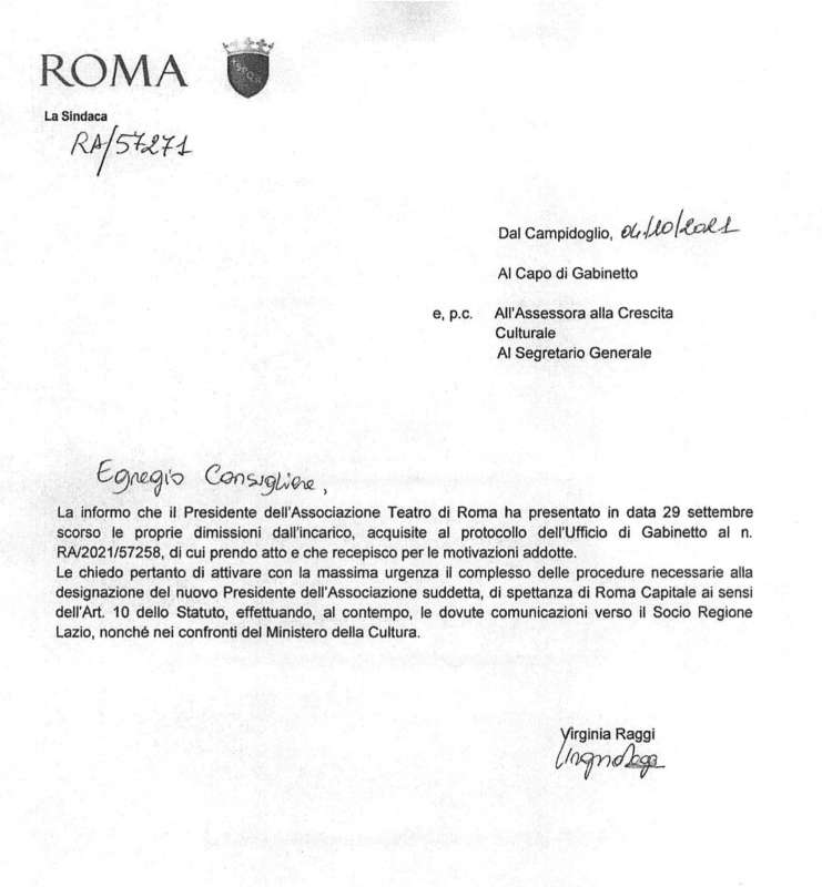 documento del comune sulle dimissioni del presidente del cda del teatro di roma emanuele bevilacqua