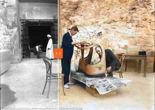 arthur mace e alfred lucas al lavoro su una biga della tomba di tutankhamon