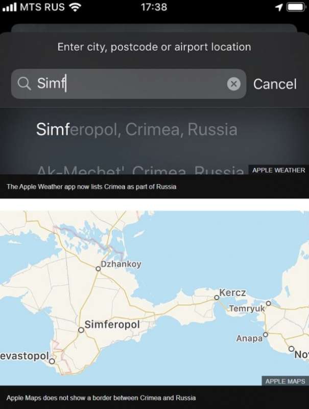 nelle mappe di apple la crimea e' in russia 2