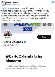 CARLO CALENDA BLOCCA ROMAN PASTORE SU TWITTER