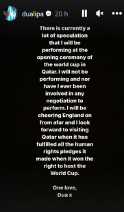 il post di dua lipa dove smentisce la sua presenza ai mondiali in qatar
