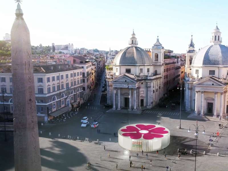 Un'immagine generata al computer che mostra uno dei padiglioni progettati dall'architetto Stefano Boeri in Piazza del Popolo a Roma